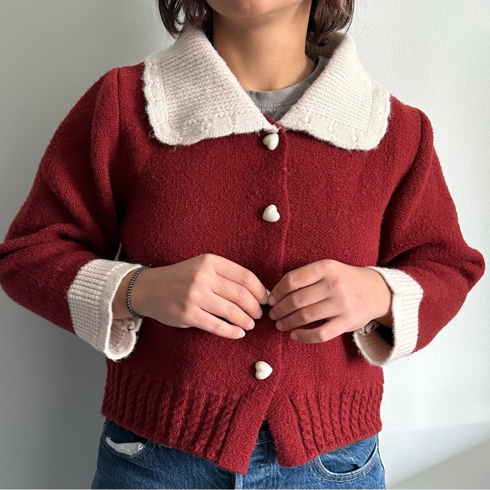 Chic Red Cardigan with Heart Shaped Buttons